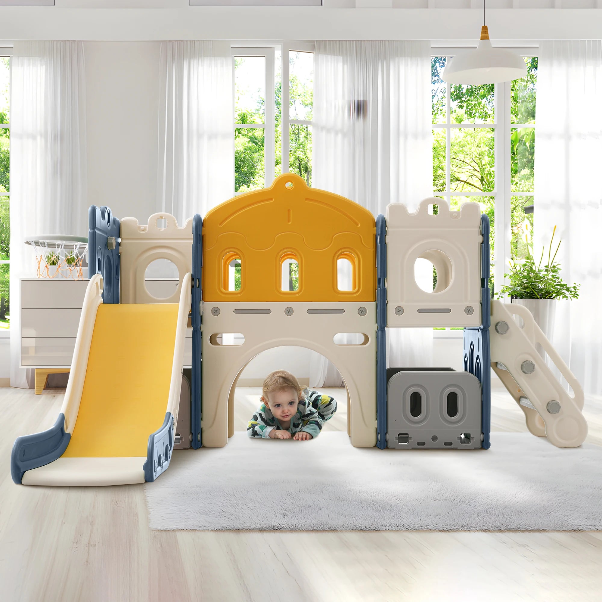 Kletterspielburg mit Rutsche/Rampe, Leiter und Spielburg